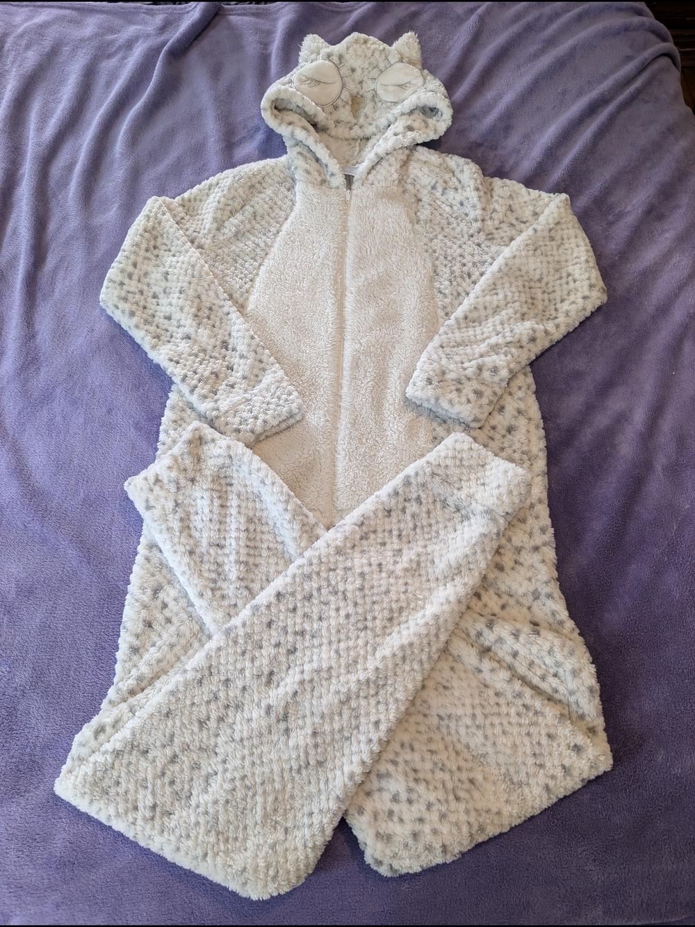 Secret Treasures Cream and Light Gray Plush Hooded Onesie Pajama